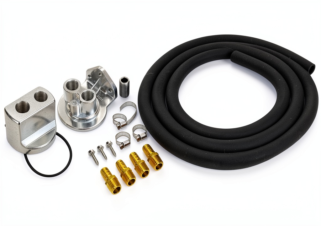 Installing Derale Aluminum Oil Filter Relocation Kit for 1970-73 240Z on a wooden workbench